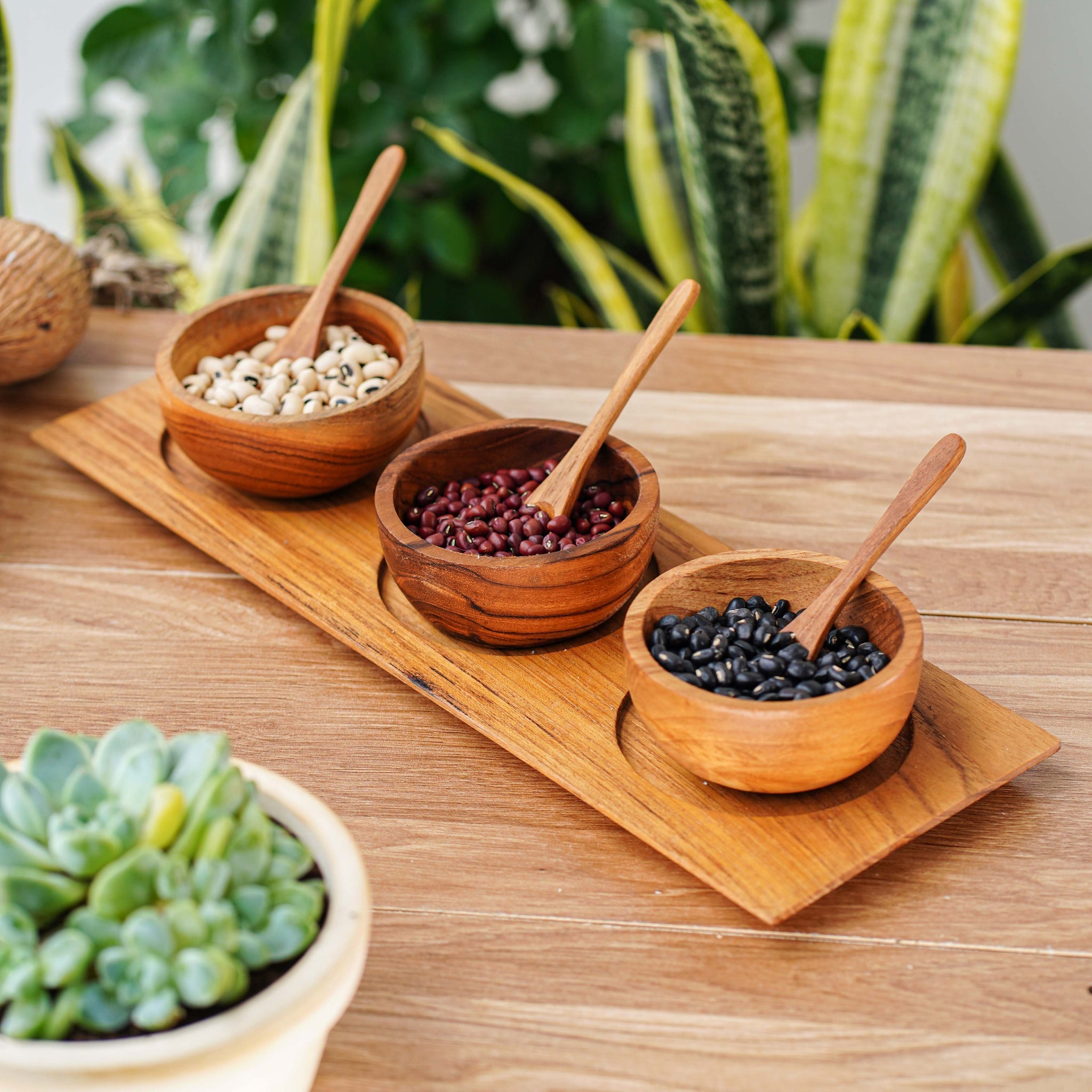 Teak Wood Condiment Dipping Bowl Set with Tray | Rainforest Bowls
