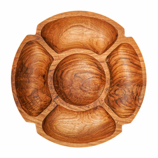 Flower Sectional Chip & Dip Teak Wood Platter