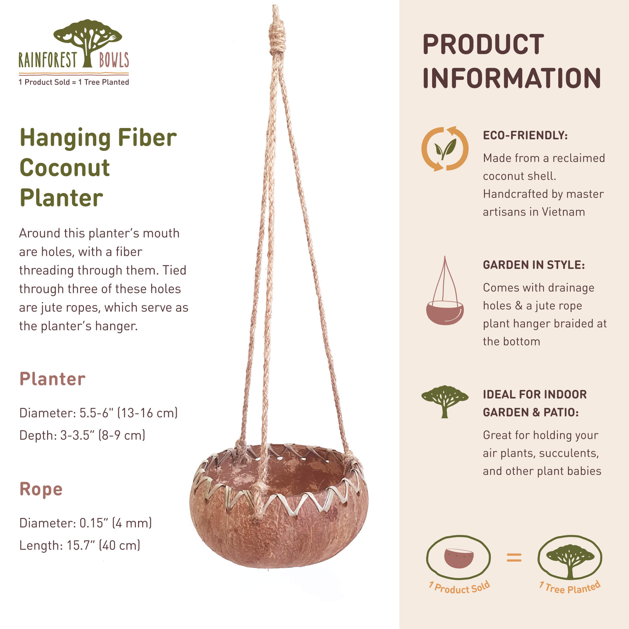 coconut plant hanger Rainforest Bowls Hanging Fiber Coconut Planter 2-Pack