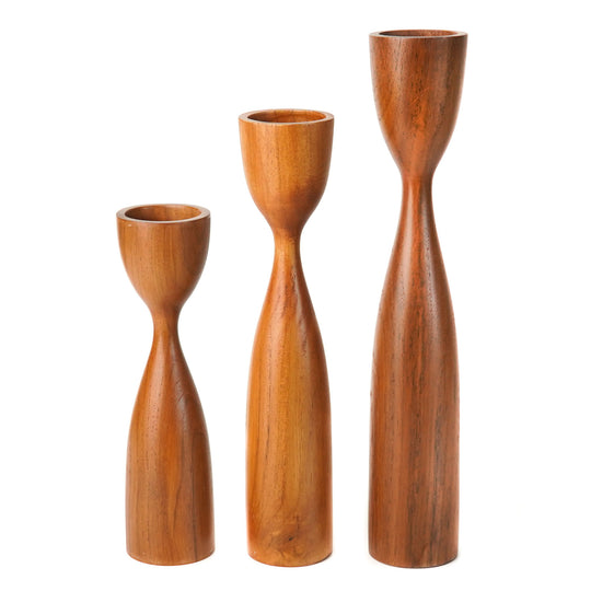Hourglass Teak Wood Candle Holder Set