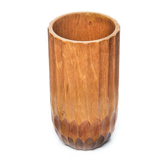 Hand-Painted Grooved Teak Wood Cup Jar Container - Large