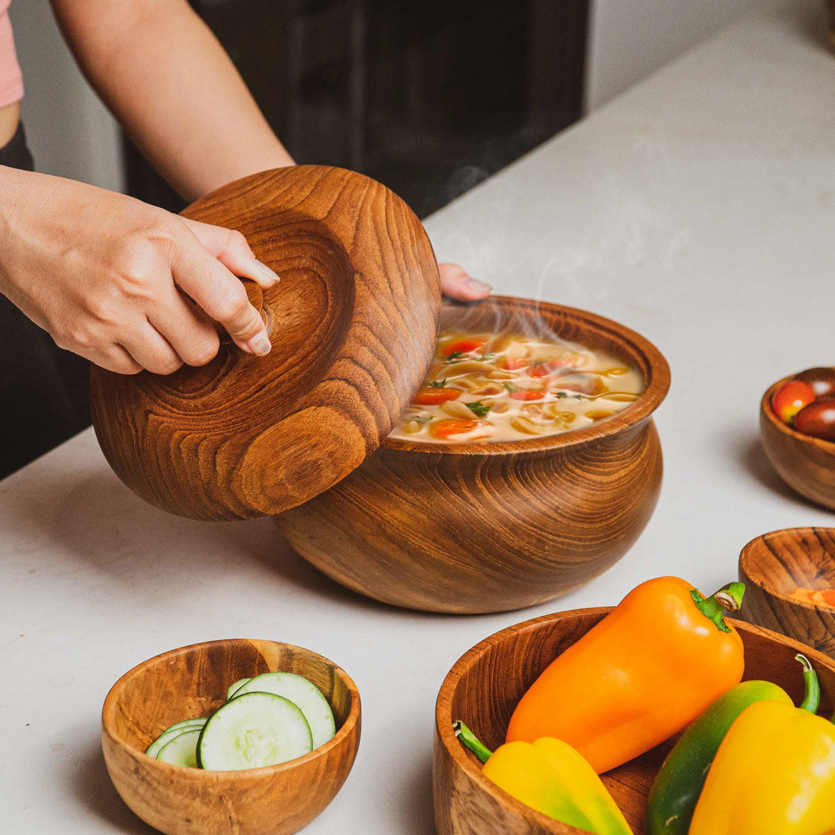 Ripple Teak Wood Bowl with Lid - Jumbo | Rainforest Bowls Ripple Teak Wood Bowl with Lid - Jumbo | Rainforest Bowls