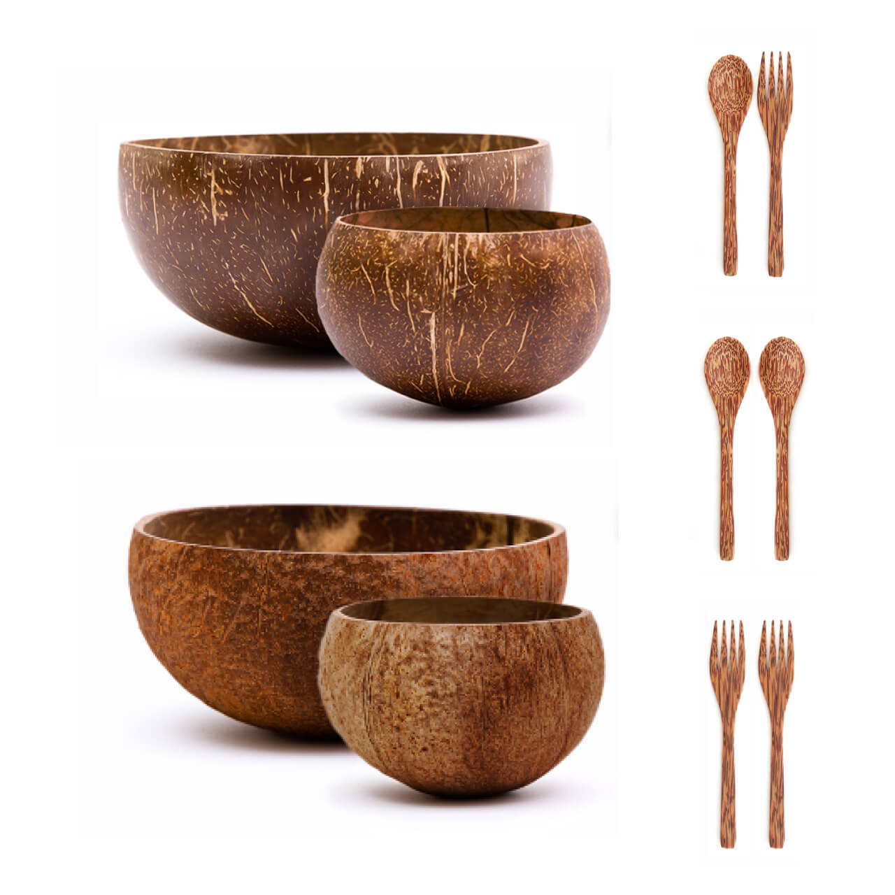 Jumbo & Small Coconut Bowls Set w/ Wooden Utensils