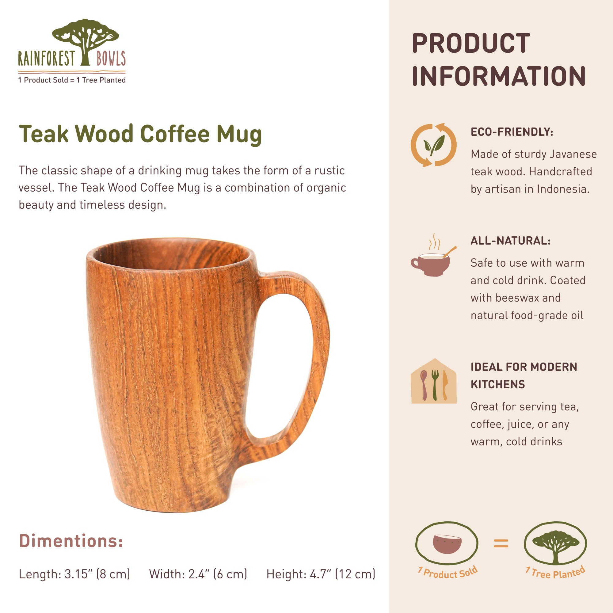 Set of 2 Teak Wood Coffee Mugs