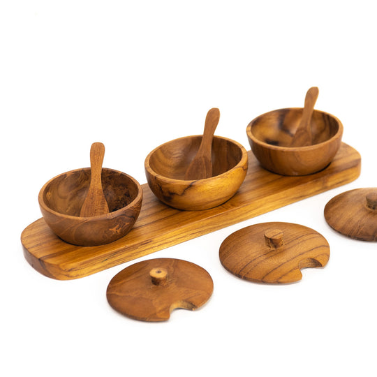Teak Wood Condiment Dipping Bowl with Lid and Tray Set