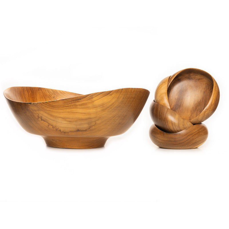 Wavy Teak Wood Serving Bowl with Appetizer Bowl Set – Rainforest Bowls