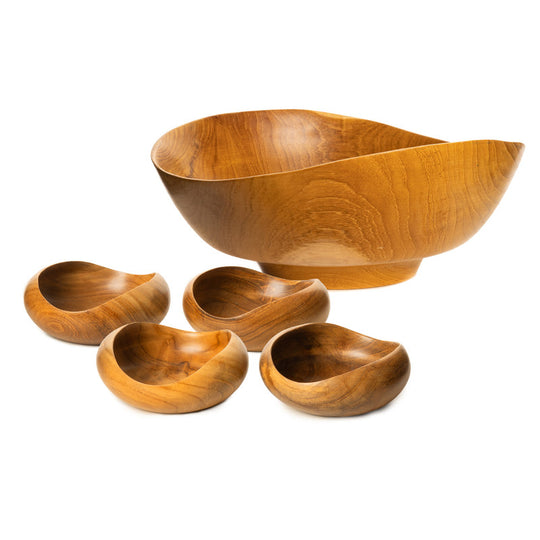 Wide Hachi Teak Wood Serving Bowl with Kobachi Appetizer Bowl Set